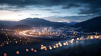 Dramatic cityscape at dusk with light trails and bokeh effects, mountain silhouettes frame urban center with illuminated buildings and highways creating dynamic nighttime scene.