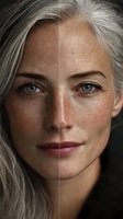 Close-up portrait of mature Caucasian woman with silver hair, natural freckles, and blue eyes showing aging comparison with split-face technique.