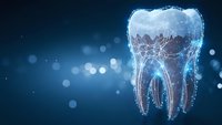 Digital tooth wireframe model with glowing blue light effects on dark background for dental technology and healthcare innovation concepts.