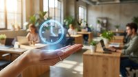 Businesswoman holding glowing digital clock hologram in modern office workspace with colleagues working at desks, representing time management and productivity solutions.