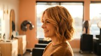 Happy blonde woman with wavy bob haircut smiling in modern office workspace during golden hour lighting for business and lifestyle concepts.