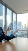 Businessman using futuristic transparent tablet with holographic interface displaying data analytics and network connections in modern office.