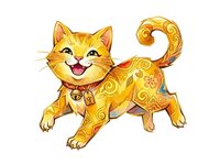 Golden cat with ornamental swirls and bell collar, smiling cheerfully. Isolated clipart suitable for children's designs, greeting cards, and merchandise applications.