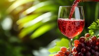 Red wine pouring into glass with fresh grapes on wooden table in garden setting. Outdoor dining, winery tasting, summer beverage concept.