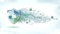 Digital shield with circuit board patterns and security icons representing cybersecurity protection and data safety for business technology solutions.