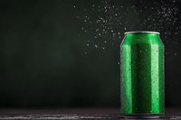 Green aluminum beverage can with water drops and condensation against dark background, fresh cold drink with copy space for product placement.
