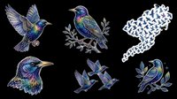 Iridescent starling bird clipart set isolated on transparent background, featuring flying, perched, and flock designs for stickers, t-shirt design, and print on demand.