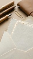 Elegant beige stationery collection with textured paper cards, fountain pens, and leather notebook on neutral background for professional correspondence.