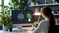 Young Asian female designer working on botanical illustration at modern home office desk with plants, computer screen showing tree artwork, cozy workspace setup.