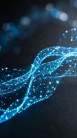 Abstract blue digital wave with glowing particles and bokeh lights on dark background for technology and data visualization concepts.