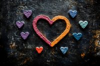 Colorful chalk hearts drawn on dark textured background, featuring large gradient heart surrounded by smaller hearts in rainbow colors. Romantic love concept.