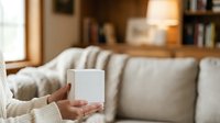 Person holding blank white mug in cozy living room with sofa and warm lighting, mockup for beverage branding and home lifestyle marketing.
