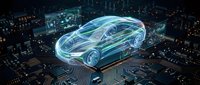 Futuristic holographic car projection with glowing blue wireframe design over digital circuit board background representing automotive technology innovation.