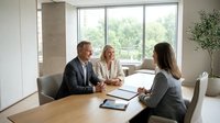 Young woman with long dark hair and medium skin tone interviewing with two middle-aged professionals in modern office setting with large windows, wooden table, and natural light for recruitment, hiring, or business meeting concepts.