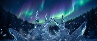 Magical ice crystal formation under vibrant aurora borealis with purple and green lights dancing over snowy forest landscape during winter night.