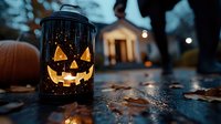 Halloween jack-o-lantern lantern glowing on autumn street with pumpkins and fallen leaves creating spooky atmospheric evening scene for seasonal decoration.