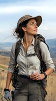 Young woman hiker in safari hat and backpack looking up at mountain vista, wind blowing through hair, wearing outdoor adventure gear against scenic landscape.