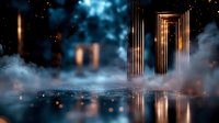 Mystical glowing doorways in foggy dark space with reflective water surface and floating particles create surreal atmospheric scene for fantasy backgrounds.
