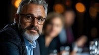 Confident mature businessman with gray beard and glasses smiling during corporate meeting or conference with blurred colleagues in background.