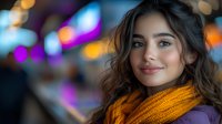 Young Hispanic woman with gentle smile wearing orange scarf against blurred city lights background with purple and blue bokeh effect, natural makeup and wavy dark hair.