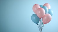Festive bunch of pink and blue pastel balloons floating against light blue background, creating soft romantic mood for celebration and party decoration.