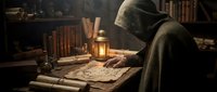 Hooded figure writing with quill pen by candlelight in medieval library with ancient books and scrolls creating mysterious scholarly atmosphere.