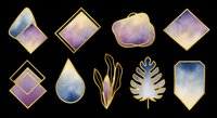 Watercolor geometric shapes with gold frames and leaf elements isolated on transparent background, ready for t-shirt design, clipart, stickers, sublimation and print-on-demand projects.