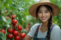 Young Asian female farmer in straw hat and overalls smiling while tending to ripe red tomatoes growing on vines in organic greenhouse garden.