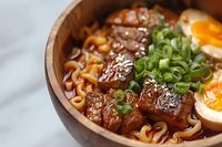 Asian braised pork belly ramen bowl with tender meat, soft boiled egg, green onions and noodles in rich broth served in wooden bowl, close up view.