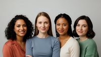 Four diverse professional women standing together smiling at camera wearing casual business attire in studio portrait on neutral background.