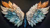 Artistic angel wings made from layered leaves and crystals in turquoise, white and copper colors against dark background, symmetrical butterfly wing design.
