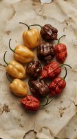 Assorted dried chili peppers in yellow, red and brown colors arranged on aged parchment paper for culinary spice cooking and food preparation.