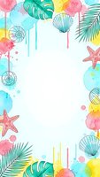 Tropical watercolor frame with seashells, starfish and palm leaves on white background. Summer vacation border design for invitations and cards.