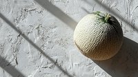 Fresh ripe cantaloupe melon on textured concrete background with dramatic diagonal shadows creating minimalist composition for food photography.