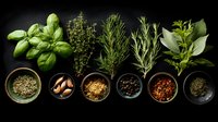 Fresh aromatic herbs and spices in wooden bowls on black background, culinary ingredients for Mediterranean cooking.