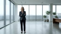 Professional woman in dark business suit standing confidently in modern office space with floor-to-ceiling windows, potted plants, and minimalist decor overlooking city skyline.