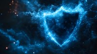 Glowing blue shield formed by cosmic energy and light particles against dark space background with magical sparkles and nebula effects creates mystical atmosphere.
