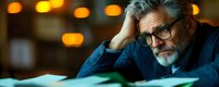 Stressed mature businessman with gray beard and glasses holding head in hands while working late at office desk with warm ambient lighting.