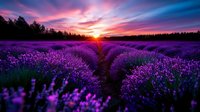 Vibrant purple lavender field at sunset with dramatic colorful sky and sun rays over forest silhouette, creating atmospheric rural landscape.