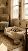 Cozy pet corner with cream dog bed filled with toys near sunny window in warm living room interior with natural lighting and comfortable furniture.