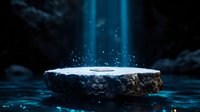 Mystical stone platform floating above dark water surface with glowing blue light beams and magical particles rising in darkness, creating supernatural atmosphere.