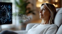 Middle-aged woman with long blonde hair, Caucasian ethnicity, relaxing on sofa while interacting with glowing digital interface on screen, representing technology, innovation, and smart home automation.