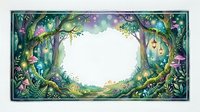Enchanted forest frame with magical plants, mushrooms and glowing lights creating mystical woodland border for fairy tale designs and fantasy projects.
