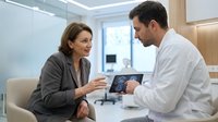 Professional doctor consulting with middle-aged businesswoman patient about medical results on tablet in modern clinic office setting.