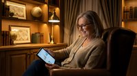 Mature woman with long gray hair and glasses wearing a beige cardigan, sitting in a leather chair in a warm-toned home office library, holding and viewing a tablet device.