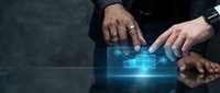Business professionals using futuristic holographic interface technology on digital tablet for data analysis and corporate innovation solutions.