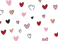 Romantic heart pattern with red, pink, and black doodle style hearts scattered on white background. Seamless repeat design for Valentine's Day cards and love themes.