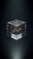 Transparent cube filled with glowing golden particles and light effects suspended in dark liquid, isolated on black background for design and creative projects.
