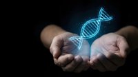 Human hands holding glowing blue DNA double helix hologram against dark background representing genetic research, biotechnology and medical science innovation.