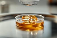 Transparent soft gel capsules with omega-3 fish oil or vitamin supplements in petri dish under laboratory microscope for medical research and testing.